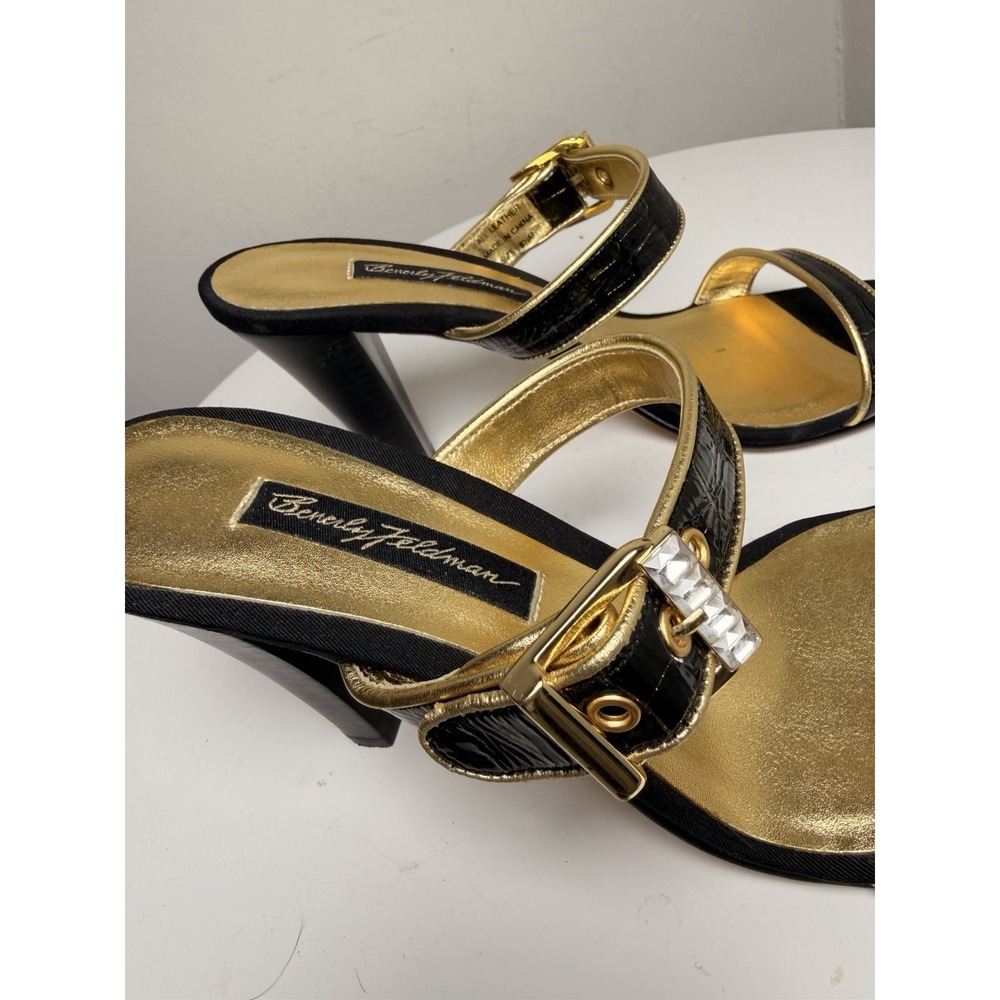 Beverly Feldman Black‎ Gold Croc Patent Mule Heels Ankle Strap Party 8.5 - Picture 9 of 10